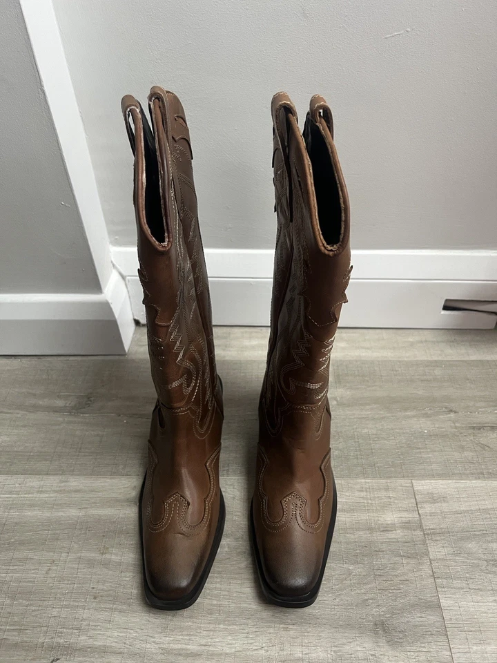 Urban Outfitters Cowboy Tan Dallas Western Leather Boots Western In Brown UK 4 - Image 1 of 4