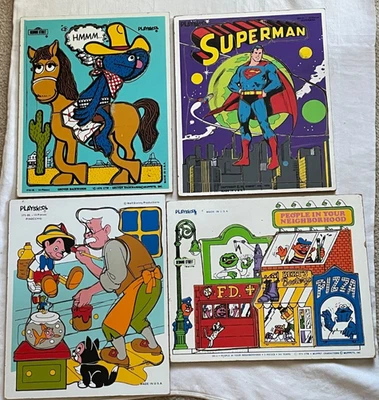 Lot of 4 -  Wooden Puzzles - Playskool - Sesame Street, Superman, Pinocchio - Image 1 of 4