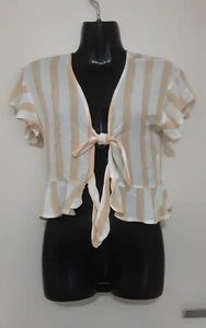 SIZE 6 WOMEN'S WHITE & BEIGE STRIPE SHORT SLEEVE TIE UP FRONT RUFFLED CROP TOP - Picture 1 of 2
