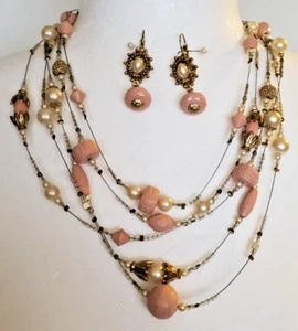 Multi Beads 5 Strand Light Pink White Faux Pearl 16" Necklace & Earrings - Picture 1 of 24