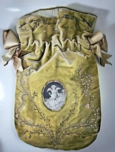 Antiguo Grande Retícula Capellán Lentejuelas Y Medallón de Seda Estampado XIX - Picture 1 of 7