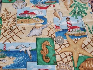 COTTON FABRIC - LIGHTHOUSE, STARFISH, SCALLOPS, CRABS ON LT GOLD BY VIP - 1YD - Picture 1 of 2