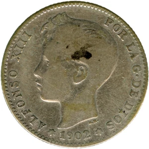 # SPAIN • 1 PESETA 1902 SMV• ALFONSO XIII ☆ SILVER (.835) ☆ KM#706 Cal#59 ☆C8285 - Picture 1 of 5