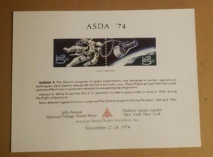 1974 26th Annual National Postage Stamp Show ASDA Gemini 4 Souvenir Card - Bild 1 von 1