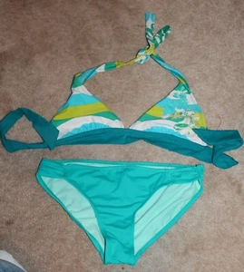 OP Jrs. Medium (7-9) BIKINI 2-PIECE SWIMSUIT (blue/green w/ tie halter) EUC - Picture 1 of 3