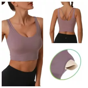 Women's V Crossed Back Longline Padded Yoga Sports Bra Removable Pad Active Tops - Picture 1 of 6