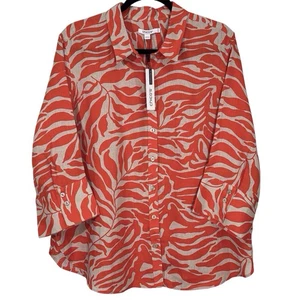 Chicos Linen Button-Up Shirt No iron Blood Orange Tan Palms Size 3 XL NWT - Picture 1 of 11