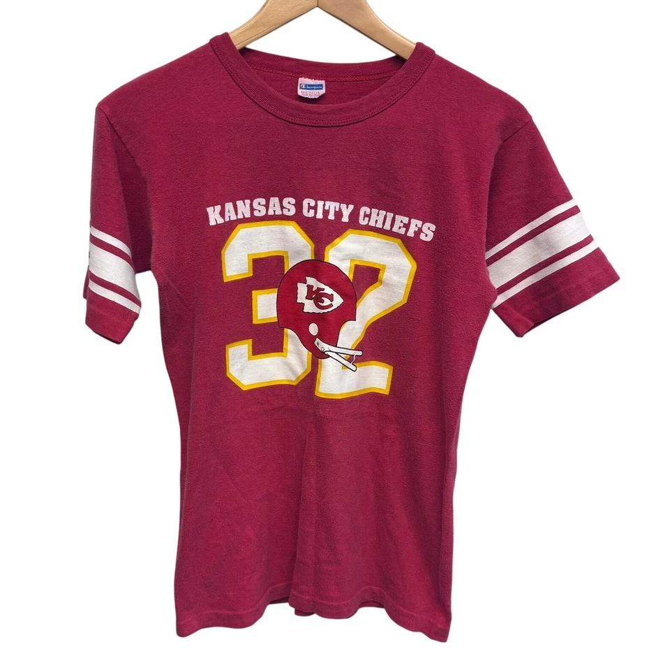 Vintage Kansas City Chiefs Football Ringer T-Shirt Champion Blue Bar 34" Chest - Image 1 of 4