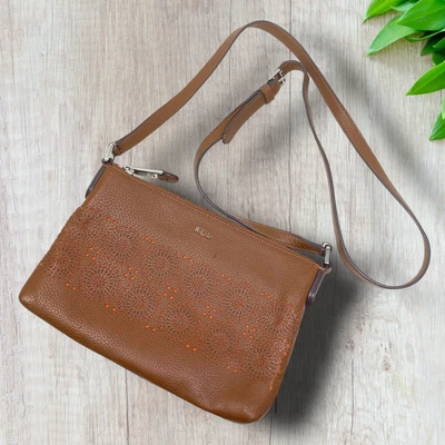 Ralph Lauren LRL Brown Vegan Leather Perforated Crossbody Envelope Bag Purse - Image 1 of 4