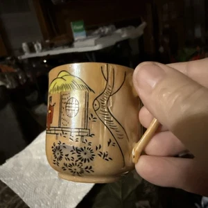 2 Vtg Japanese Geisha Porcelain Sake Wine Tea Cup Mugs Gold Mini 2" - Picture 1 of 24