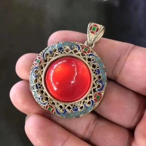 1.93" Chinese Mark Tibetan Silver Cloisonne Ruby Pendants - Picture 1 of 3