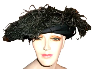 SOMBRERO NEGRO MERRIMAC VINTAGE PARA MUJER ADORNADO CON PLUMAS DE AVESTRUZ VICTORIANO M - Imagen 1 de 11