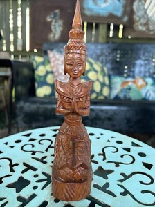 Vintage Holzschnitzerei Kunst Thai Buddha Figur kniend betend 8" Handarbeit - Bild 1 von 12