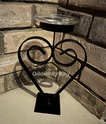 Portavelas de metal negro soporte Loveheart con placa de vidrio romántico estado de ánimo pareja Foto 1 de 2