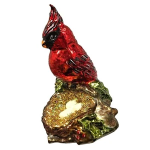 Cardinal Bird with Nest of Eggs Polish Glass Christmas Tree Clip On Ornament - Picture 1 of 4
