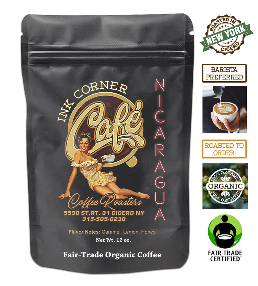 Granos de café tostados orgánicos Ink Corner Café Nicaragua origen único comercio justo Foto 1 de 1