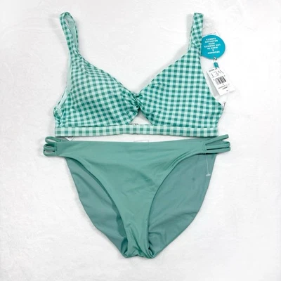 Mixed Brand Bikini Large Green (Top Wet Bottom Roxy) Gingham Top Strappy Bottom - Image 1 of 4