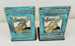 Violín Instrumento de Cuerda Música Latón Metal Verde Par de Sujetalibros Libro Israel - Imagen 1 de 10
