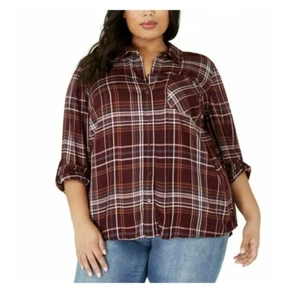 Style & Co Womens Plus 2X Berry Plaid Roll Tab Sleeve Button Up Shirt NWT E89 - Picture 1 of 3