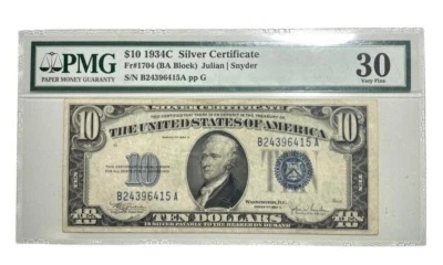 1934 C $10 SILVER CERTIFICATE NOTE FR.1704 (BA BLOCK) PMG  VF 30 EPQ - Image 1 of 3
