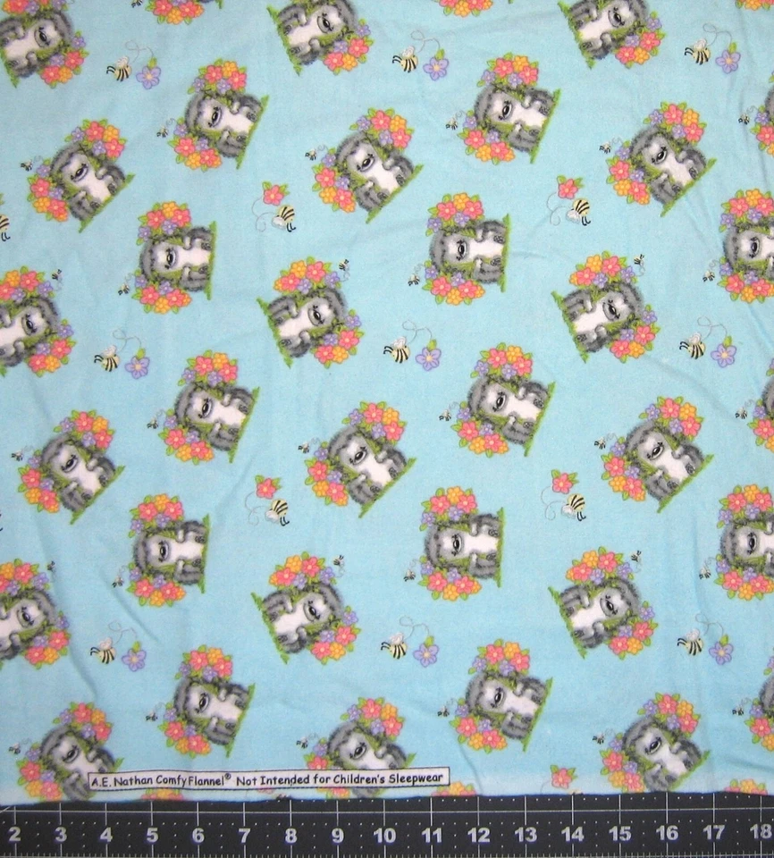 Flannel Fabric - AE Nathan Hedgehog & Flowers Toss Light Blue - LAST 32" - Image 1 of 1