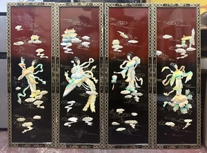 Arte de pared asiático vintage oriental madreperla laca negra 4 paneles de placa - Imagen 1 de 19