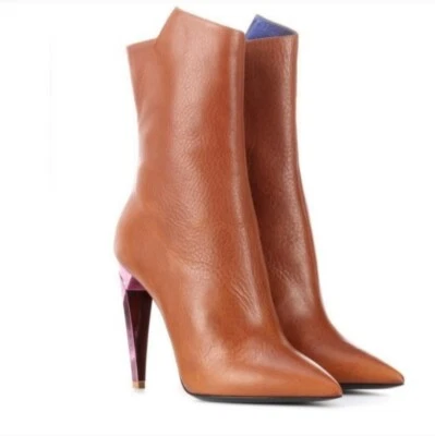 Saint Laurent Freja Marrón Con Rosa Metalizado Tacón Botas 37 $1195 Foto 1 de 4