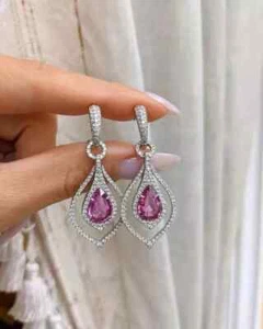 Pendiente de boda de diamantes con zafiro rosa natural pera de 5,88 quilates de oro blanco de 14 quilates - Imagen 1 de 5