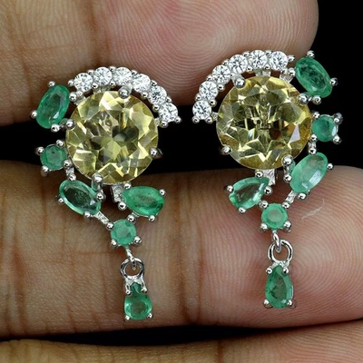 Pendientes de plata de ley 925 redondos citrino 10 mm esmeralda piedras preciosas naturales joyería Foto 1 de 4