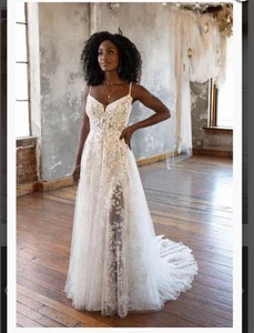 Rrp £1799 All Who Wander Haven Boho Wedding Dress Nude Lace Aline Straps 12 10 - Picture 1 of 19