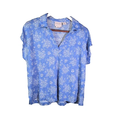 Blusa Laura Ashley XL 100 % Lino Azul Blanco Floral Tejido Camisa Manga Gorra Foto 1 de 4
