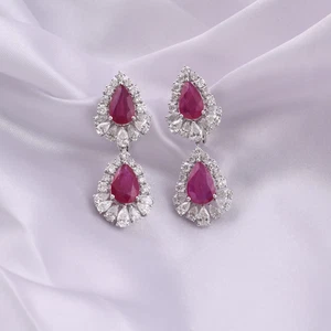 14.19 Tcw Ruby Gemstone Lab Grown CVD Diamond Dangle Earrings 14k White Gold - Picture 1 of 10