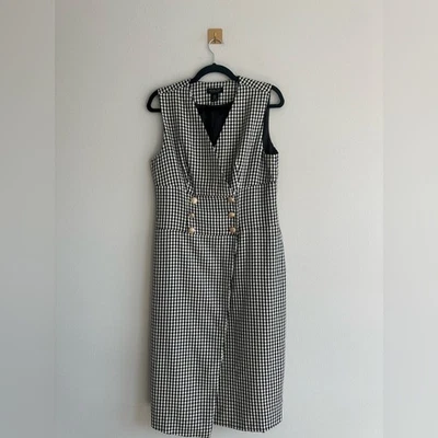 Rachel Zoe Houndstooth Midi Dress Size 10 Black White Gold Button Vest Dress - Image 1 of 4