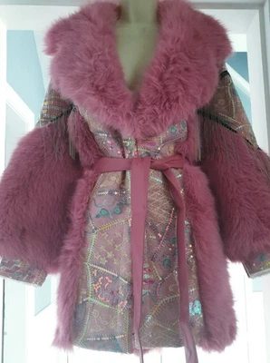 Boho Bohemian Pink Faux Fur Rosalia Chain Luxe Embroidered Belted Coat 14 16 18  - image 1 of 4