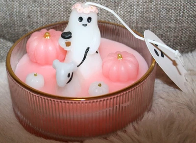 Halloween Tarde Paseo Vela Perfumada en Vaso Base Fantasma Calabaza Rosa Foto 1 de 2