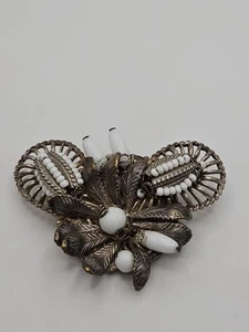 As Is Vintage Miriam Haskell Silver Tone Milk Glass Bead Brooch Pin Signed - Picture 1 of 24