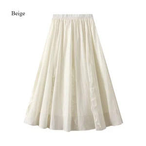 Gonna donna con volant tinta unita vita elastica midi linea A swing mezza abito estate chic - Foto 1 di 12
