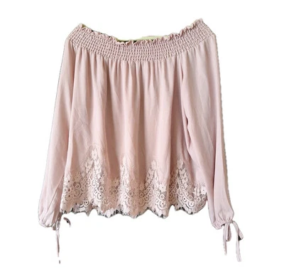 Vintage Stella Tweed Sz L Off The Shoulder W/Lace Trim Blouse - Image 1 of 4