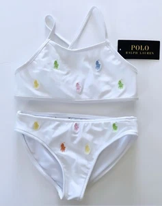 NWT, Girls Polo Ralph Lauren White Logo Top + Hipster Bottom Swim Suit, Size 7 - Picture 1 of 1