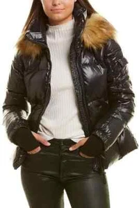 S13 Allie Down Puffer Hooded Jacket Womens Size M SLIM Faux Fur Trim Black NWT - Picture 1 of 14