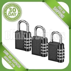3 COMBINATION PADLOCKS LARGE RESETTABLE 4 DIGIT BLACK LOCKER LOCK CODED GYM SHED - Picture 1 of 4