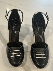 Cole Haan Black W/White Round Toe Ankle Strap Wedge, Size 10 - Picture 1 of 7