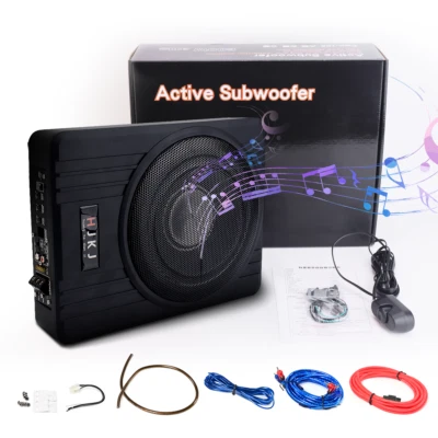 10'' Untersitz-Aktiv-Subwoofer + Kabelset Auto Bassbox Kompakt Lautsprecher Bass - Bild 1 von 4