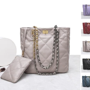 Gesteppte Lammfell Leder Tragetasche Schultertasche Geldbörse Kette Griffe Handtasche Mode - Bild 1 von 13