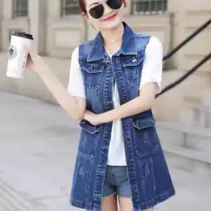 Women's Sleeveless Denim Waistcoat Long Coat Slim Ladies Jacket Vest S-5XL - Picture 1 of 16
