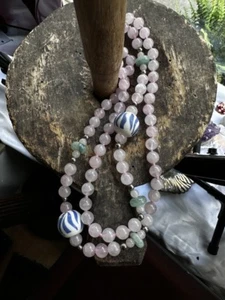 Vintage Argento Sterling Quarzo Rosa/Avventurina Rotondo Perlina 1970's Collana - Foto 1 di 5