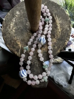 Vintage Argento Sterling Quarzo Rosa/Avventurina Rotondo Perlina 1970's Collana - Immagine 1 di 4