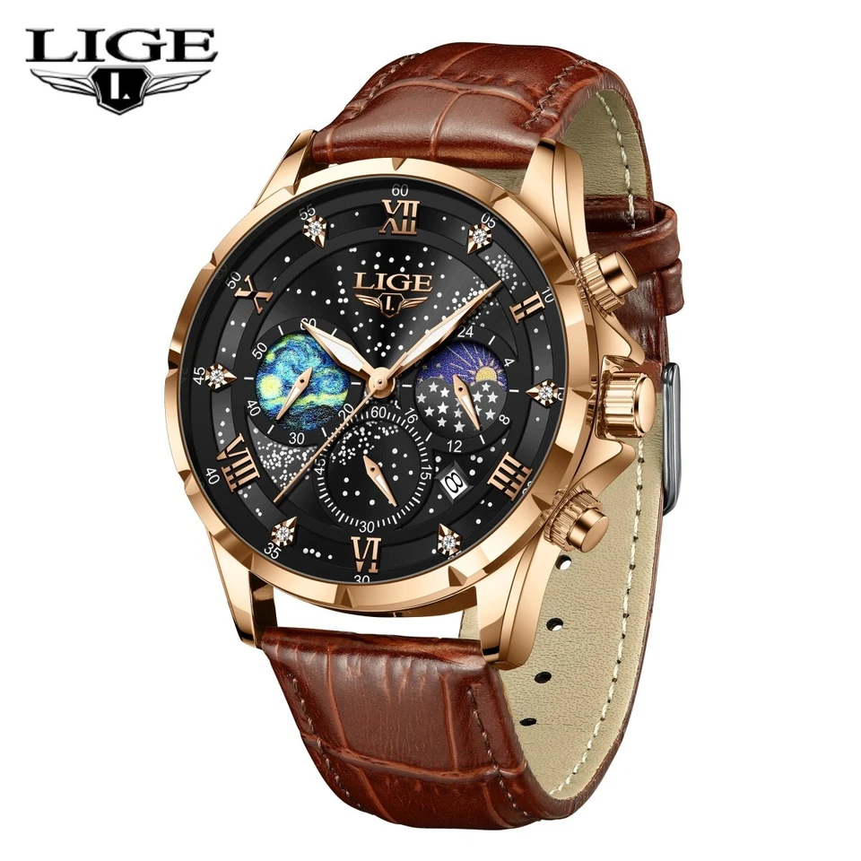 - LIGE LG89107 Men's Sport 42mm Chronograph Date Moon phase Leather