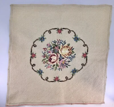 Vintage Needlepoint Chair Cover Ivory Cream Floral Roses Wool 16” x 16” - Image 1 of 3