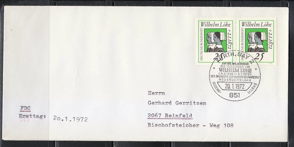 Germany 1972 FDC cover Mi 710 Sc 1087 Wilhelm Lohe Neo Lutheran. Furth Bay - Image 1 of 1